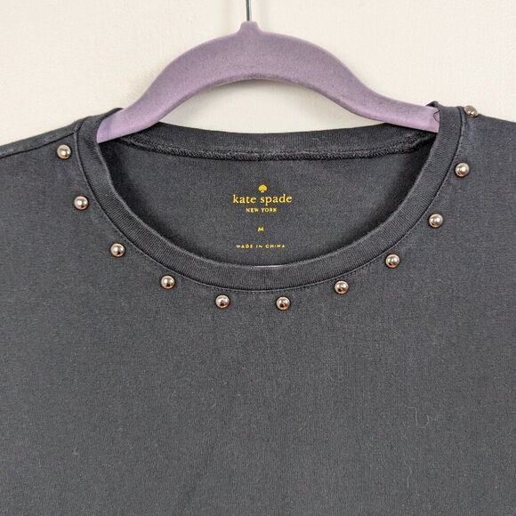 Kate Spade | Black Peplum Cotton T-Shirt with Pearl Studs Size Medium - Picture 5 of 6